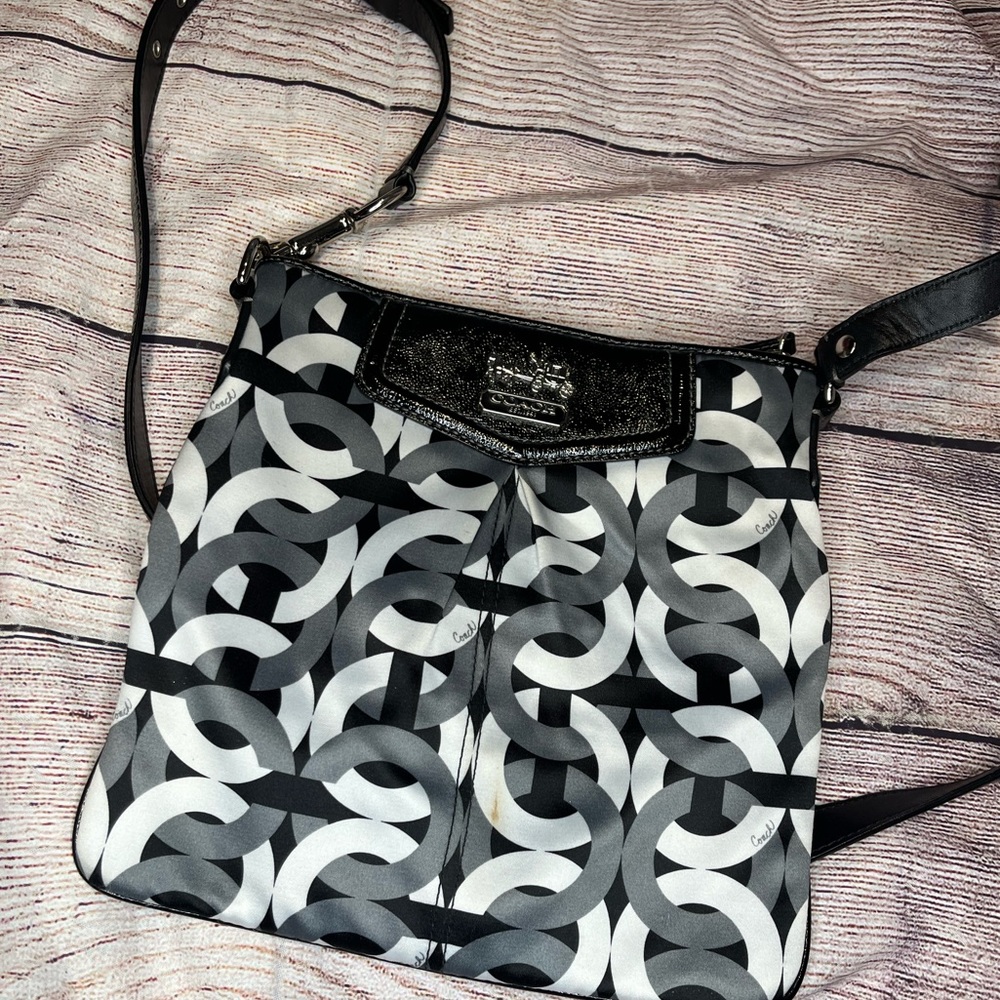Coach Crossbody Black White Gray Linked print Purple Inside